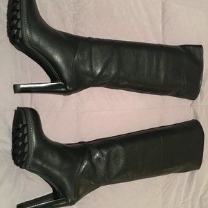 Stuart Weitzman Polished Black Leather OTK Platform Boots:  Size 7M